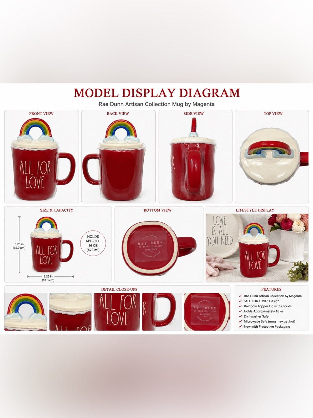 Rae Dunn All For Love Red 16 oz Mug Rainbow Lid Artisan Collection Magenta NWT